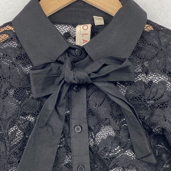 DOLAN Top PXS ANTHROPOLOGIE Sheer Lace Tie Bow Neck Floral Button Up Black - Picture 1 of 16